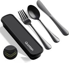 Quatish Travel Utensils with Case, Stainless Steel Cutlery Set, Black