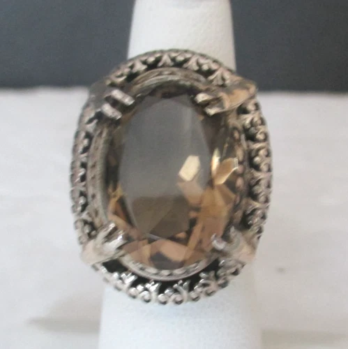 Old Pierced Sterling Silver Setting with Oval Smoky Topaz Stone Size 5.5 As is