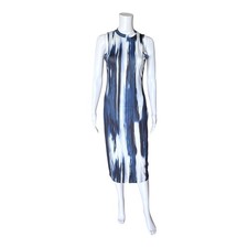 Shein Blue White Abstract Striped Bodycon Midi Dress Sleeveless Mock Neck Size M