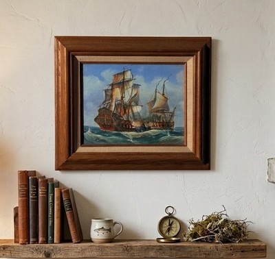 Vintage J. Harvey Original Maritime Oil Painting   18th Century Tall Ships