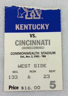 CFB 1991 11/02 Cincinnati Bearcats at Kentucky Wildcats Football Ticket Stub