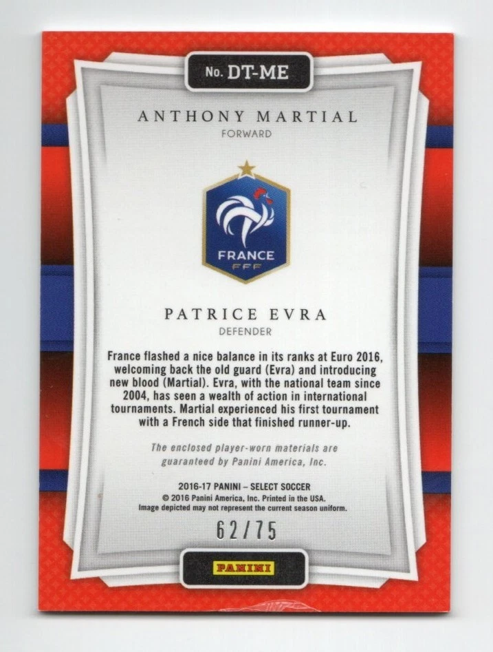 2016-17 Panini Select Soccer Jersey DT-ME Anthony Martial Patrice Evra #62/75 - Image 2 of 4