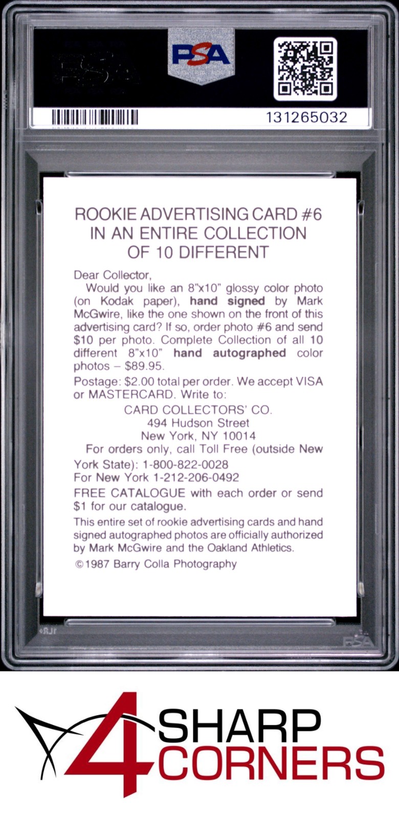 1987 BARRY COLLA #6 MARK McGWIRE ATHLETICS PSA 10 view 2