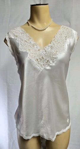 Vintage Christian Dior Satin Floral Lace Camisole Top White Monogram Sz L - Picture 3 of 12