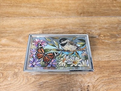 AMIA Bird Butterfly & Flowers Stained Glass Jewelry Box 5.25'' × 3.25''