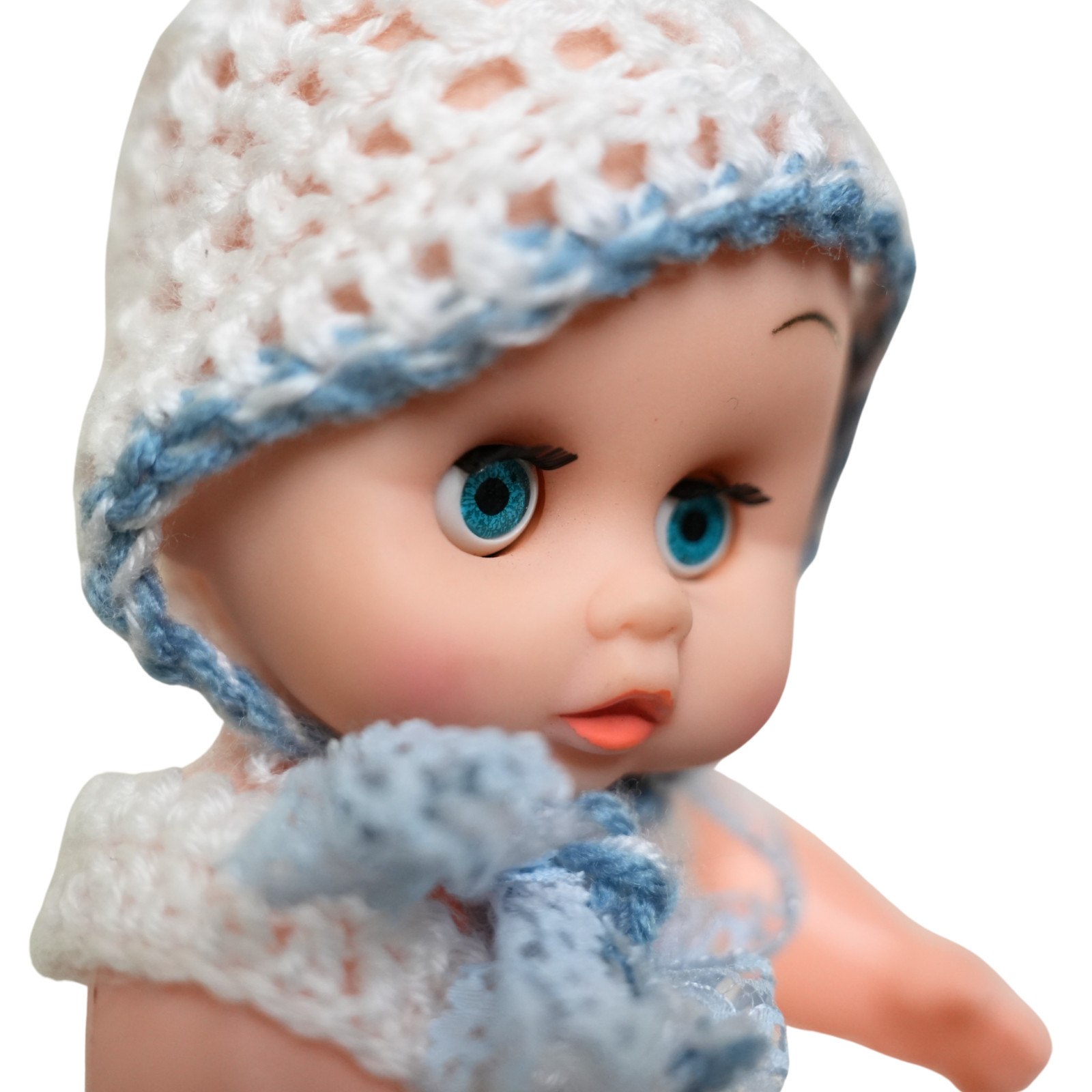 Vintage Baby Doll with Blue Eyes – Handmade Crochet Outfit – Small Plastic Doll image 4