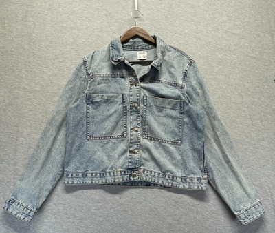 Lefties Crop Trucker Jacket Womens XL Blue Denim Cotton Long Sleeve Button Front