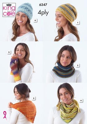 6347 Damen 4-fädig Stricken Häkeln Muster Mützen Schal Rollkragen Handschuhe King Cole