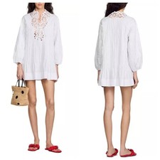 Sandro Mini Dress White Cotton Pintuck Lace Detail Long Sleeve size Small