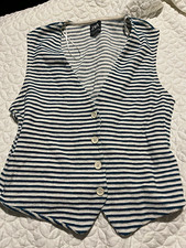 Zara Womens Blue/White Striped Knit V-Neck Bu...
