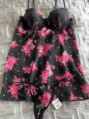 NWT Morgan Taylor Fantasies 2 Piece Sheer Black Floral Nightie