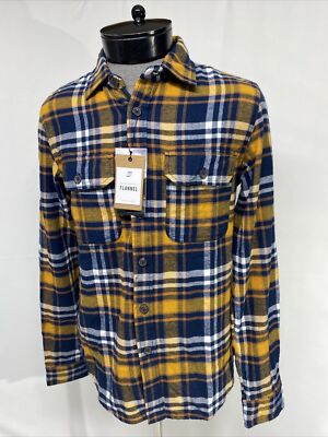 Denim & Flower Mens M Blue Yellow Pocket Plaid Button Performance Flannel Shirt
