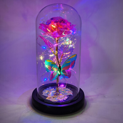 Eternal Forever Galaxy Rose Flower Butterfly Glass Dome LED Light Wood Base 8.5