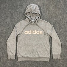 Adidas Essentials Linear Pullover Hoodie Womens Small Heather Gray Pink Logo