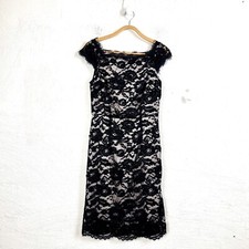 JACQUI E Womens Dress Size 8 Black Ivory Lace Short Sleeve Pencil Square Neck