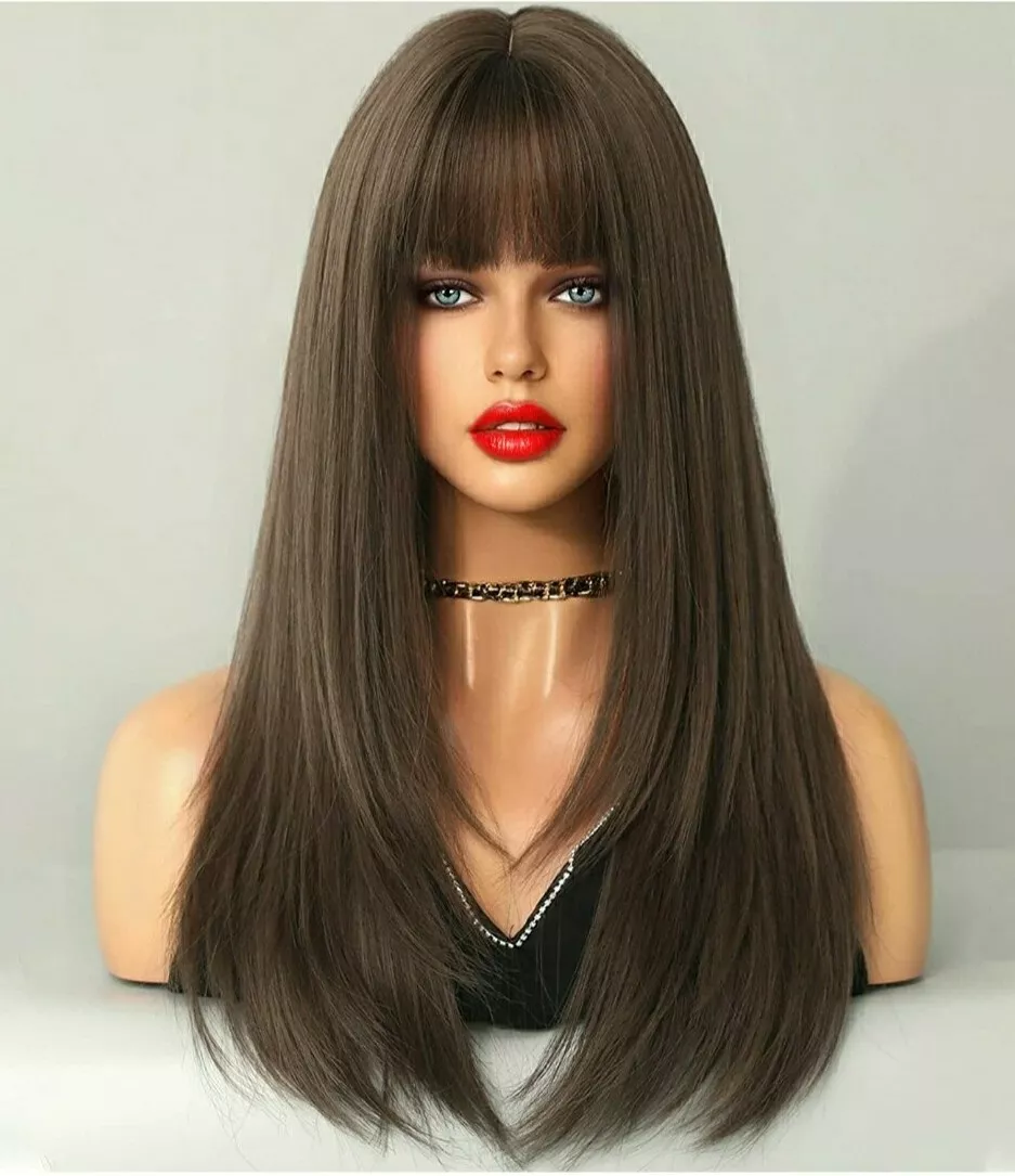 Wig Human Hair Blend Long Straight Layered Dark Brown Bangs Heat Resistant