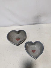 Set of 2 Heart Shaped Pottery Bowls w/ Painted Heart on Bottom of Bowl 8x7x3.5in
