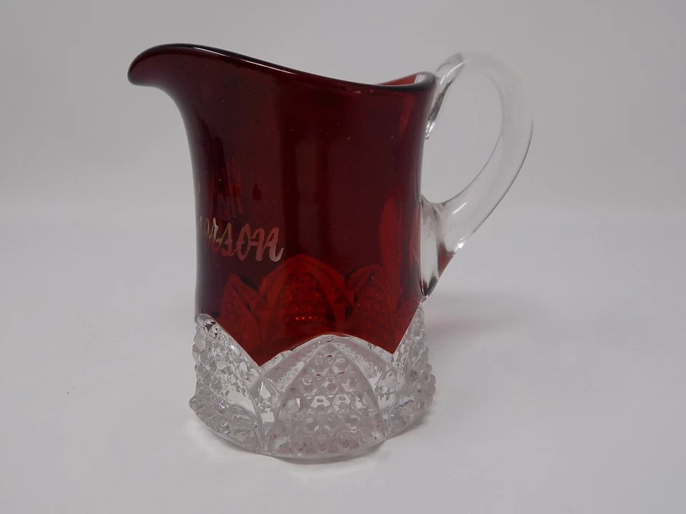 Duncan Miller Ruby Stain EAPG Button Arch Souvenir Creamer Pitcher McPherson  - Image 2 of 4