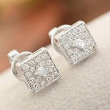 0.30 Ct SI/H Pave Diamond Square Stud 10k White Gold Earrings Birthday Jewelry