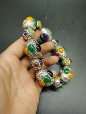 China Old Tibet Silver Carved FlowerInlaid RedGreenJade Silver BraceletDetails