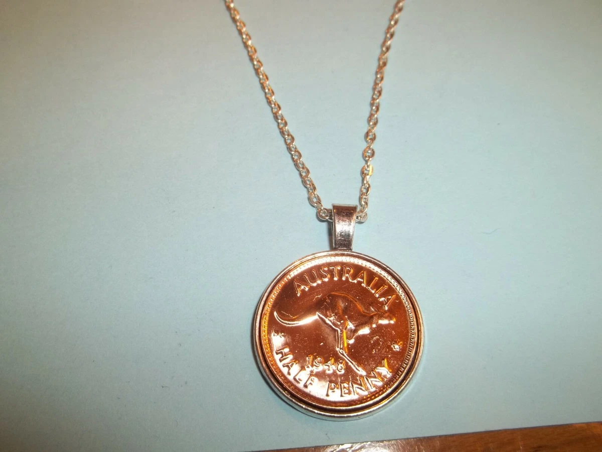 HALF PENNY COIN AUSTRALIA SILVER CASED PENDANT NECKLACE 1943 to 1961
