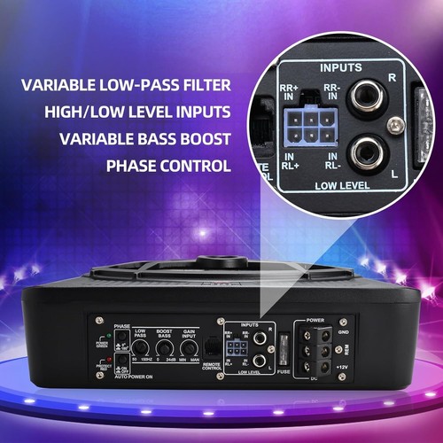 YaeCCC 10" 800W schmale unter dem Sitz Auto Subwoofer Audio aktiver Subverstärker blaue LED-Lampe - Bild 7 von 10