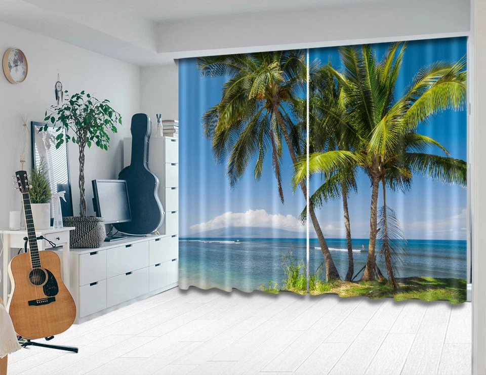Tela cortinas de ventana con estampado de palmeras de paisaje marino tropical en 3D Foto 2 de 4