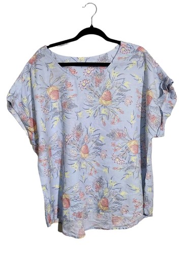 Gondwana Women Size 22 Blue Floral Print Straight Hemp Cotton Blend Top Shirt - 第 1/5 張圖片