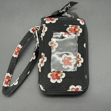Vera Bradley Pirouette Wristlet ID Case Wallet Black Floral Zips Retired Pattern