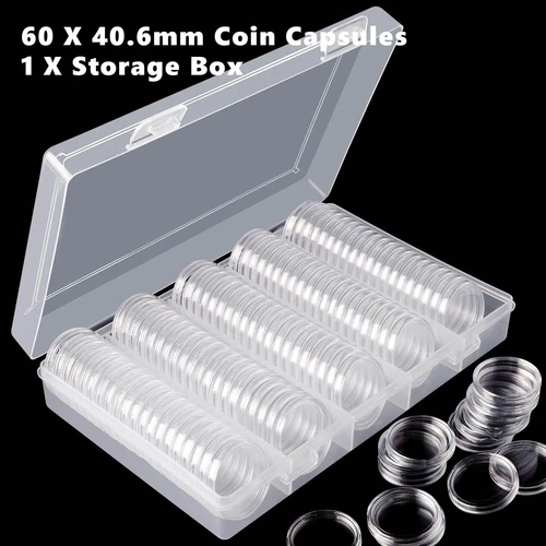 60X Coin Holder Capsules Case 40.6mm Clear for 1 Oz Silver Dollar w/ Storage Box