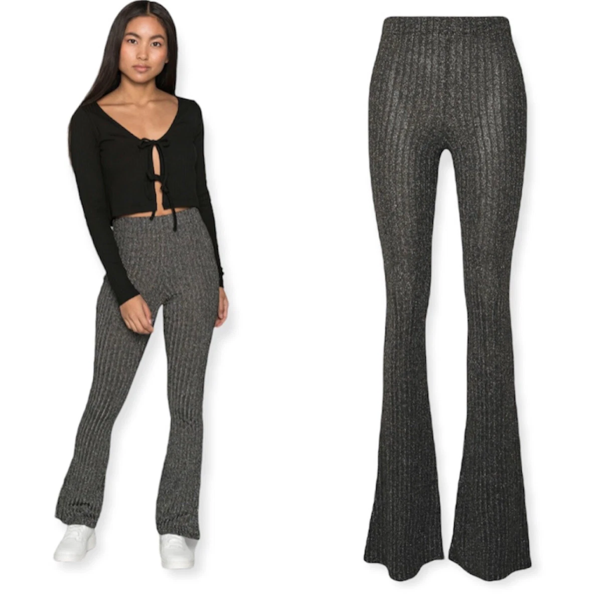 Topshop Highrise Black & Silver Glitter Flare Ribbed Pants US Size