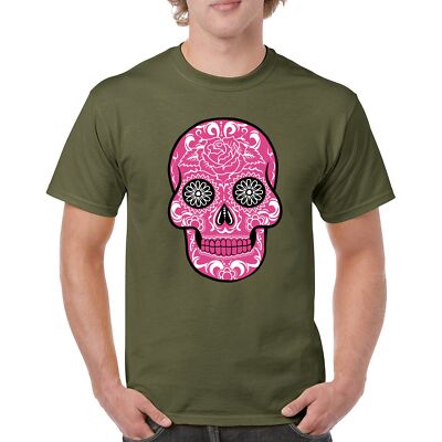 Pink Sugar Skull With Roses T-Shirt Day of the Dead Cotton Tee