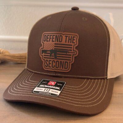 Defend The 2nd Amendment Flag Leather Patch Hat Brown