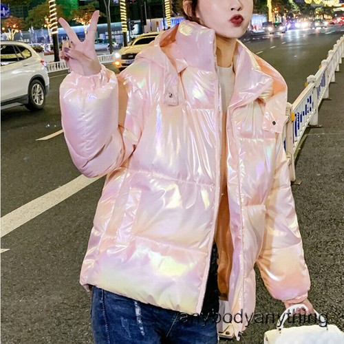 Ladies Shiny Down Cotton Coat Holographic Padded Jacket Winter Warm Thermal Hot - Picture 2 of 28