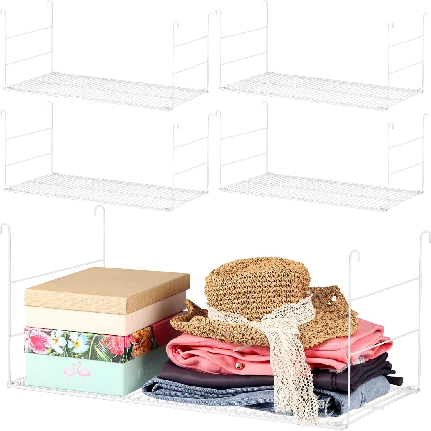 24" White Wire Hanging Shelves - 4 Pack for Closet, Kitchen & Bathroom Storage