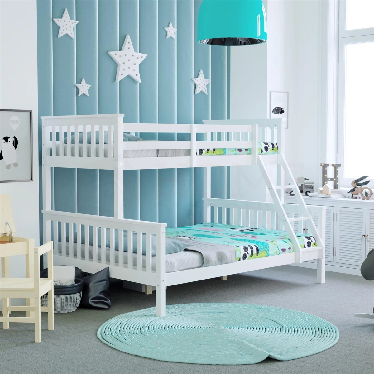 White bunk beds double on bottom outlet
