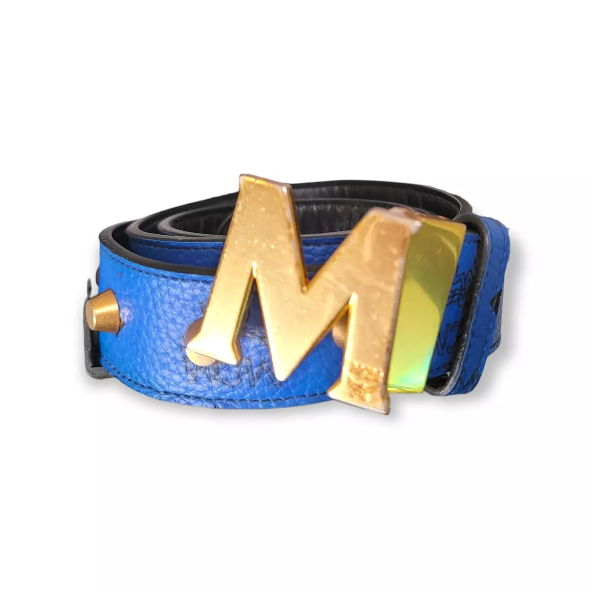 MCM Women's Blue & Gold Leather 'M' Buckle Belt Fit All Sizes