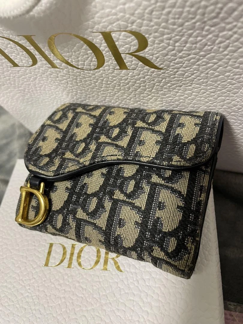 Portefeuille Dior Tri Fold Oblique Jacquard Bleu Marine Gris Cuir Compact