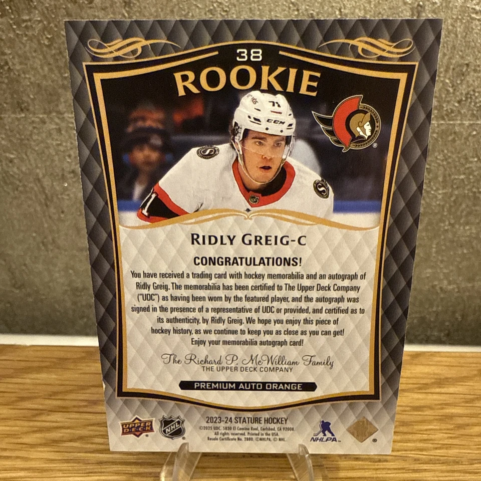 Ridley Greig 2023 24 Upper Deck Stature Rookie Autograph Auto Patch Logo /15 RC - Image 4 of 4