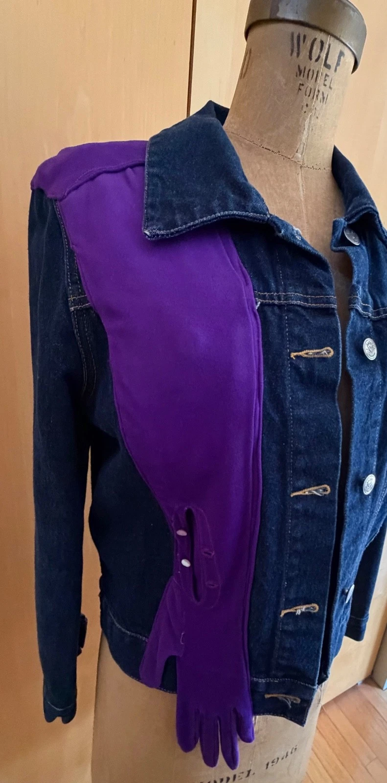 Jean Jacket Embellished with Vintage Opera Length Purple Gloves and Hankie