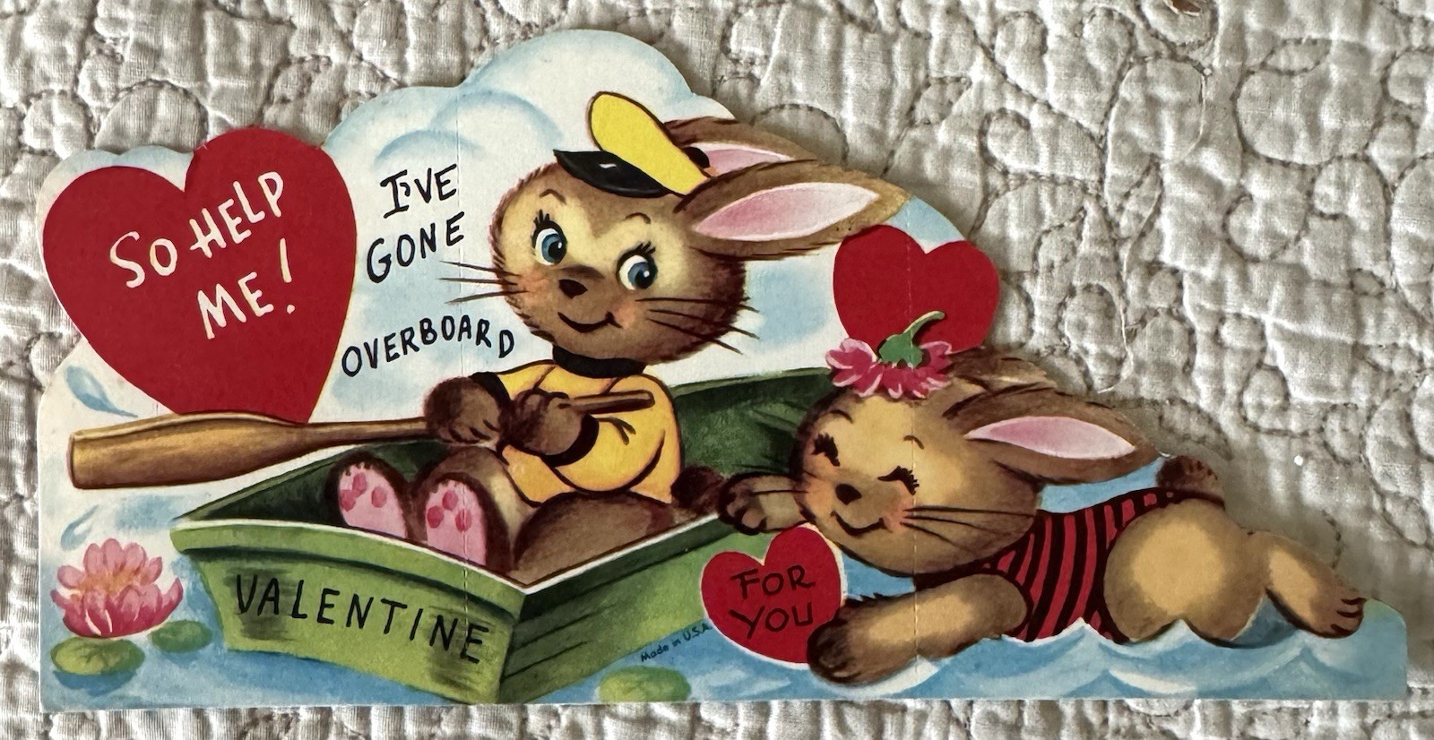 Unused Valentine Bunny Rabbit Overboard Boat Help Vtg Greeting Card 1950s 1960s