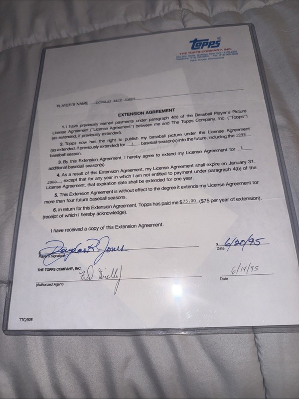 MLB HOFer Doug Jones’s Signed Topps Extension Agreement Cleveland Indians