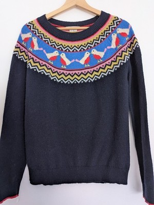 BODEN Festive Fair Isle Jumper Navy Birds Cozy Patterned Holiday Sweater Size M
