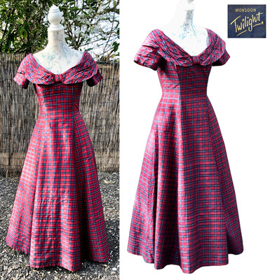 Neu mit Etikett Vintage Monsoon Maxikleid 100 % Seide rot Schottenmuster 12 (passt 10) 80er x 2 kleine Löcher