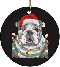 English Bulldog Santa Christmas Tree Lights Xmas Gifts Ceramic Circle Ornamen...