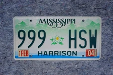 2004 Mississippi Magnolia Graphic License Plate Repeated # 999 HSW