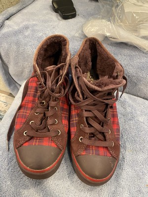 Ugg Cayha Red Burgundy Plaid High Top Sherpa Sneaker Shoes Women So. 8 SN 1883
