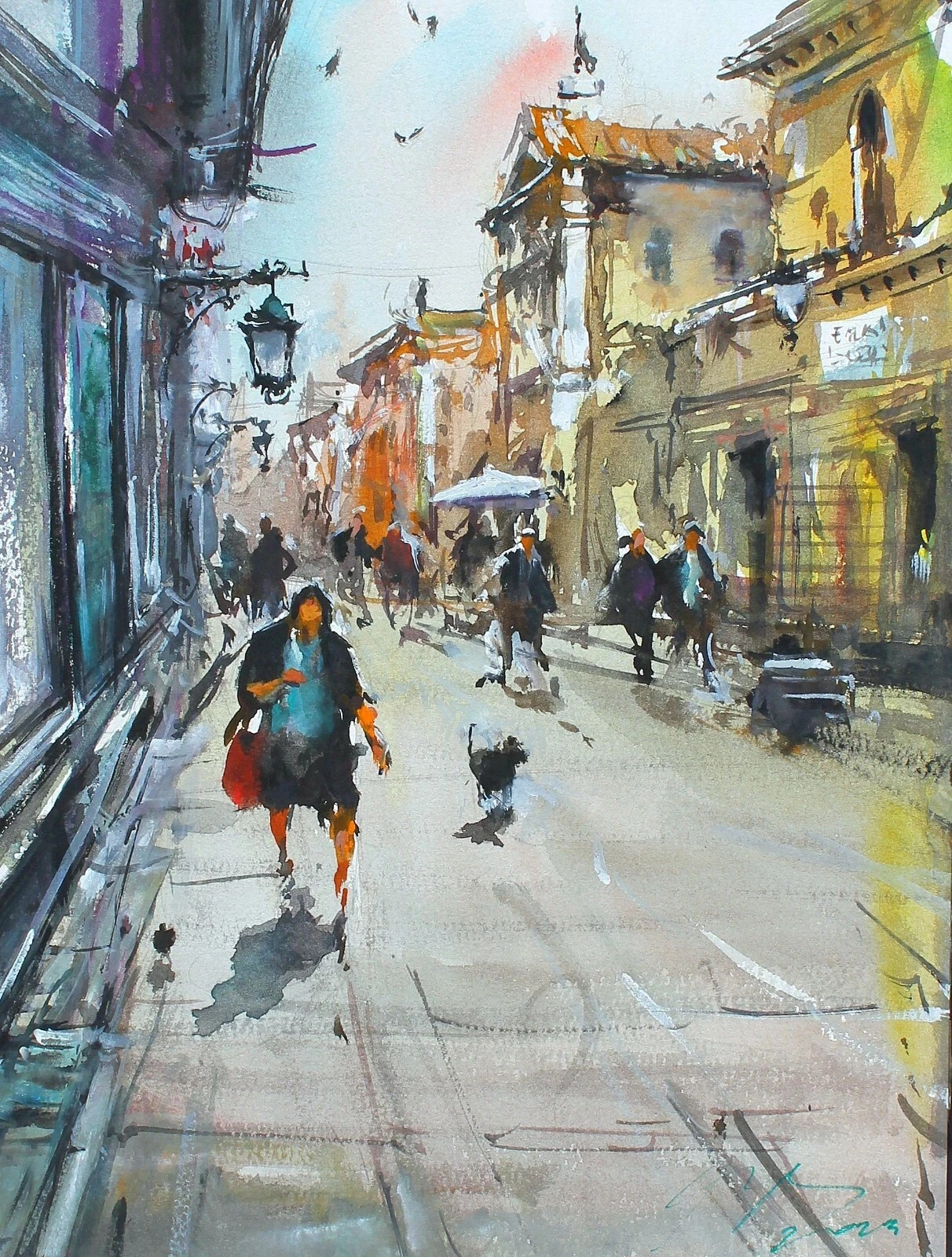 ORIGINAL PAINTING WATERCOLOR ITALY CITY SCENE ROME STREET CITYSCAPE 11x 8 in