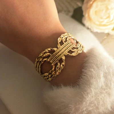 Bracelet Manchette Doré Femme Acier Inoxydable – Bracelet Large Design Luxe Vint - Photo 1/3