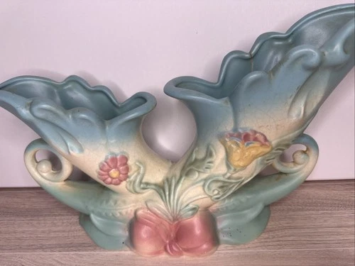 Vintage Hull Pottery Double Cornucopia Vase Pastel Floral Matte USA Art Deco